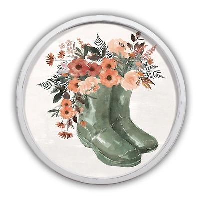 Green Floral Rainboots White Framed Print