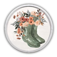 Green Floral Rainboots White Framed Print