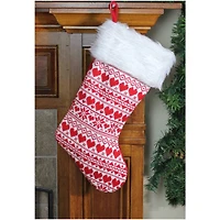 19" Red & White Hearts with Snowflakes Knit Christmas Stocking Faux Fur Cuff
