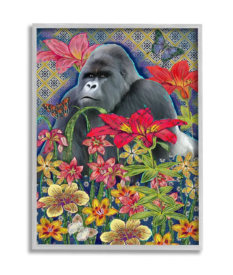 Stupell Industries Gorilla Standing Behind Tropical Florals Wall Art in Gray Frame