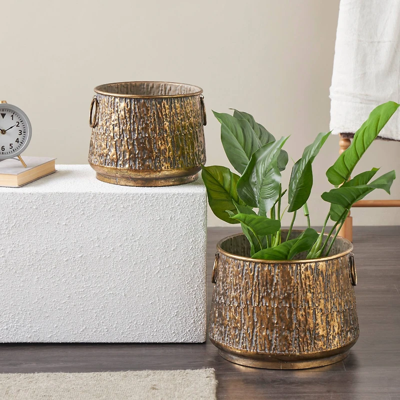 Brass Metal Textured Planter with Ring Handles Set