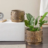 Brass Metal Textured Planter with Ring Handles Set