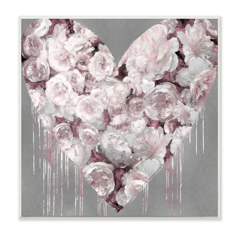 Stupell Industries Pink Rose Heart over Grey with Paint Drip Wood Wall Plaque