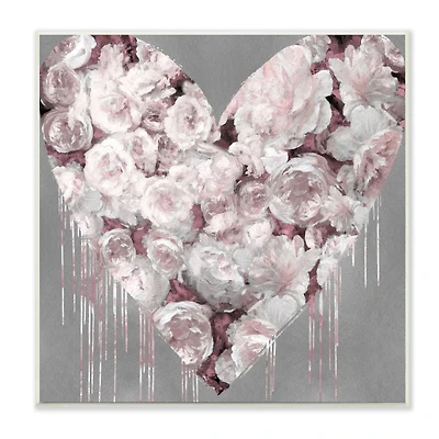 Stupell Industries Pink Rose Heart over Grey with Paint Drip Wood Wall Plaque