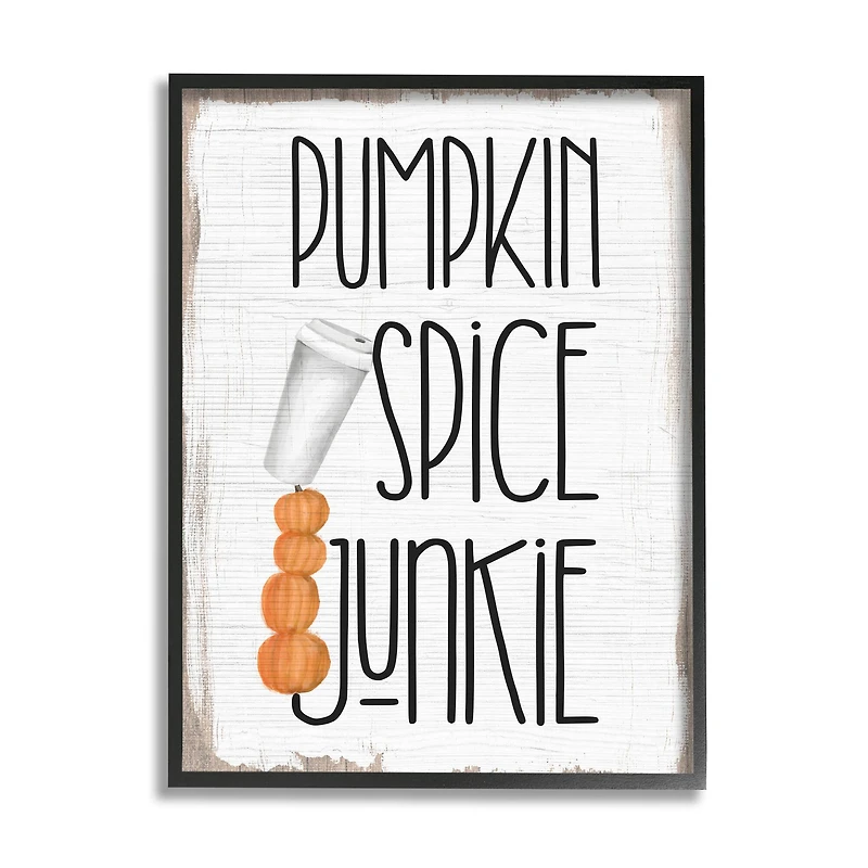 Stupell Industries Pumpkin Spice Junkie Phrase Balancing Coffee Cup Framed Wall Art