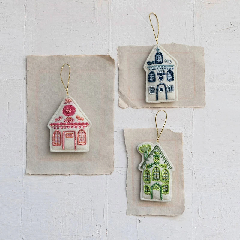 Hello Honey® 3 Pack 5" Beaded & Embroidered House Felt Ornaments