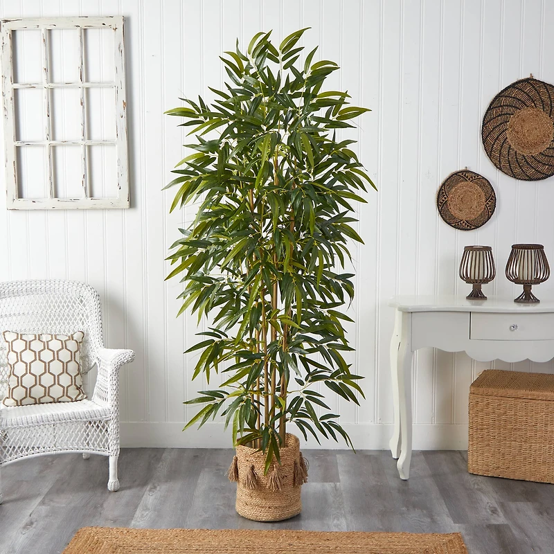 75" Bamboo Artificial Tree in Handmade Natural Jute Planter with Tassels