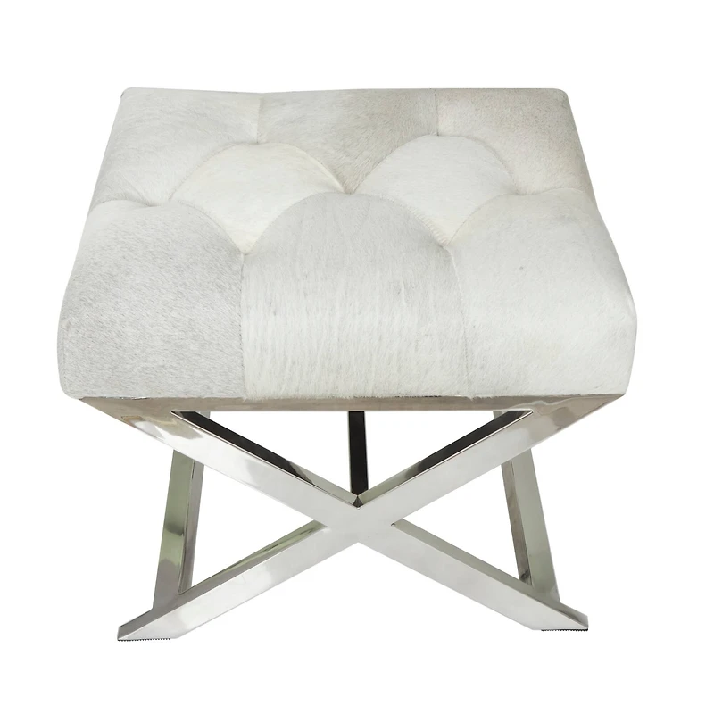 19" Light Gray Leather Geometric Tufted Stool with Metal Base