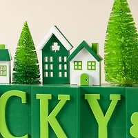 Glitzhome® 14" St. Patrick's Wooden House and Brush Trees "LUCKY" Table Decor