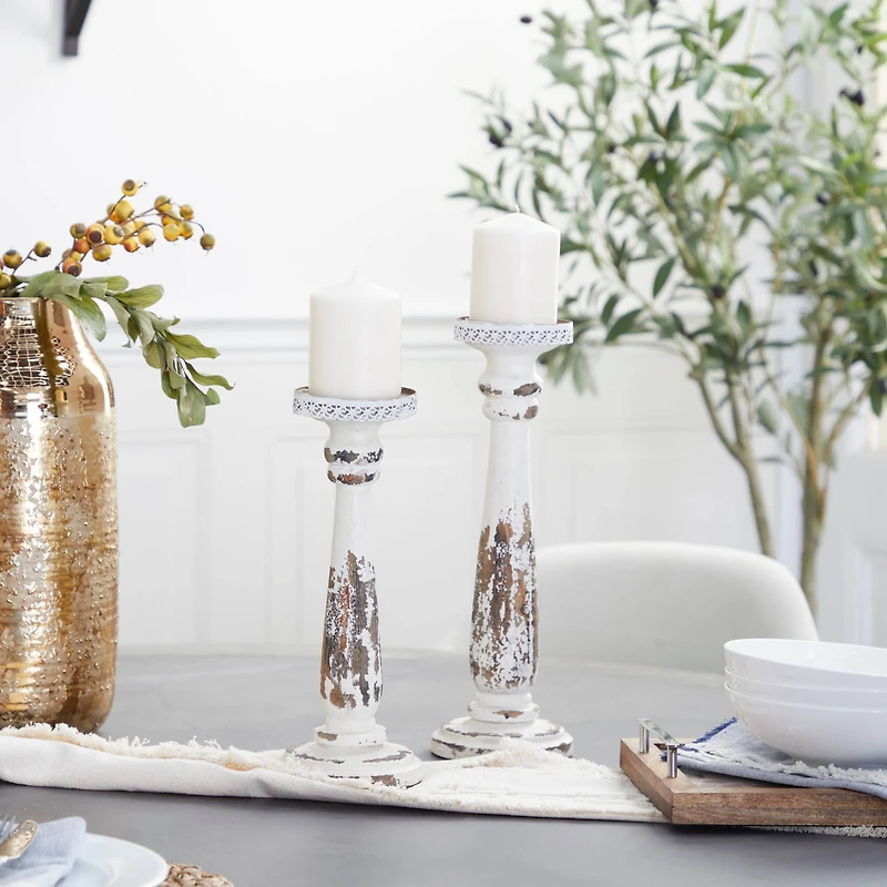 Brown & White Traditional Candle Holder Set, 13" & 15"