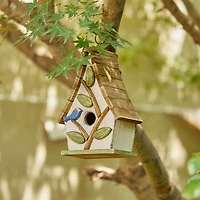 Glitzhome® 9.5" White Distressed Wood Birdhouse with Leaves