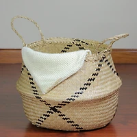 17" Beige & Black Seagrass Belly Basket with Handles