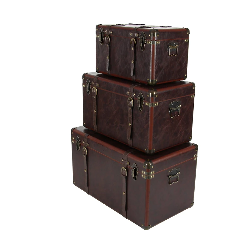 Set of 3" Brown Leather Traditional Trunk, 19", 24", 27"