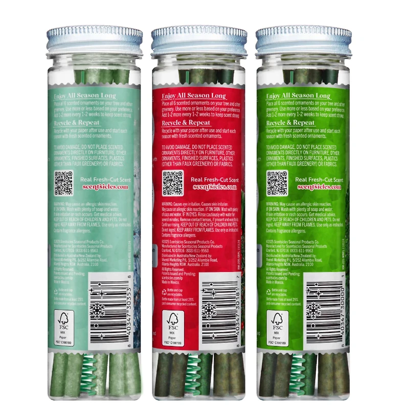 Scentsicles Scented Ornament Stick White Winter Fir, Snowberry Pine and Icicles on Spruce Sticks, 3 Pack of 6