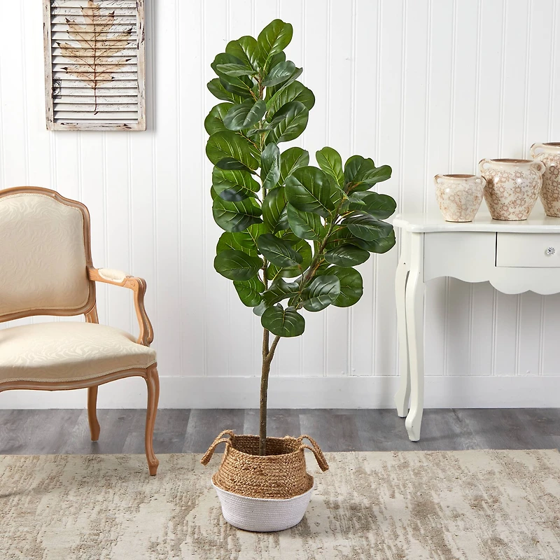 4.5ft. Fiddle Leaf Fig Artificial Tree with Boho Chic Handmade Cotton & Jute White Woven Planter
