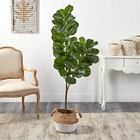 4.5ft. Fiddle Leaf Fig Artificial Tree with Boho Chic Handmade Cotton & Jute White Woven Planter