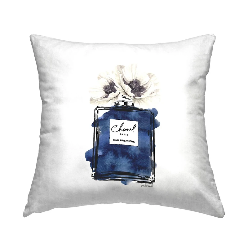 Stupell Industries Blue Fashion Fragrance Bottle White Poppy Flowers Throw Pillow, 18" x 18"