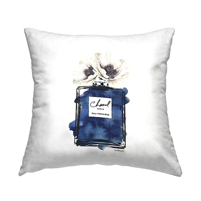 Stupell Industries Blue Fashion Fragrance Bottle White Poppy Flowers Throw Pillow, 18" x 18"