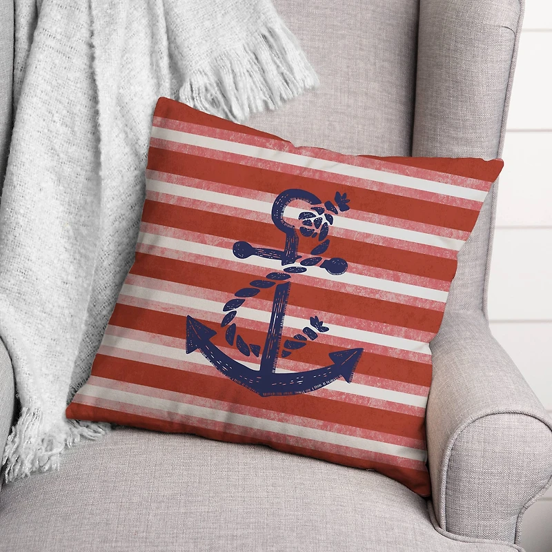 Red Stripes & Anchor Throw Pillow