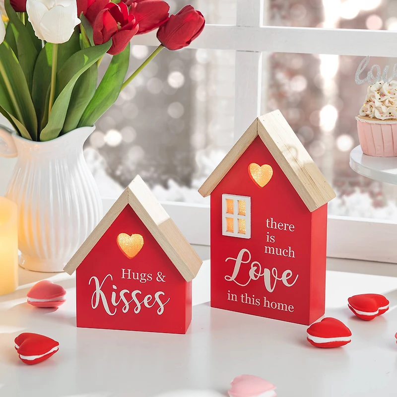 Glitzhome® Lighted Valentine's Wooden House Table Décor Set