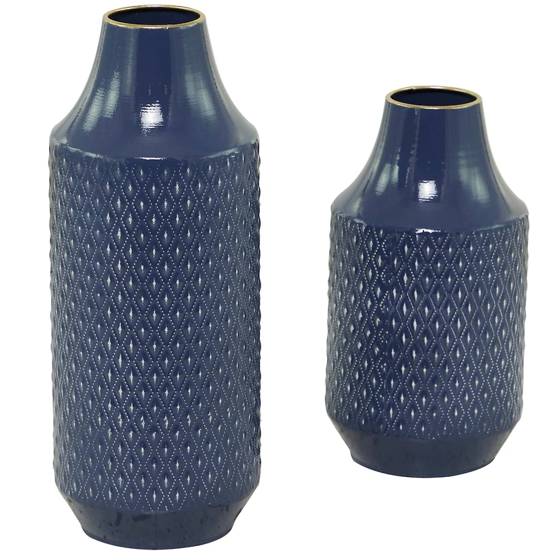 Blue Metal Diamond Embossed Exterior Vase Set of 2 16", 12"