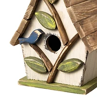 Glitzhome® 9.5" White Distressed Wood Birdhouse with Leaves