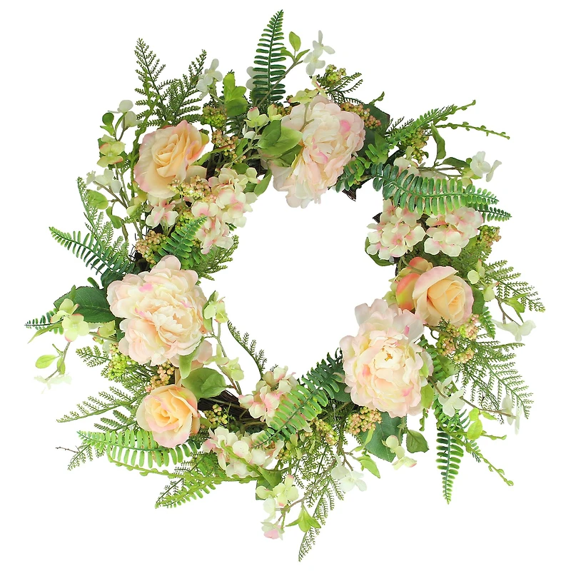 24" Pink & Green Rose & Peony Floral Artificial Spring Wreath