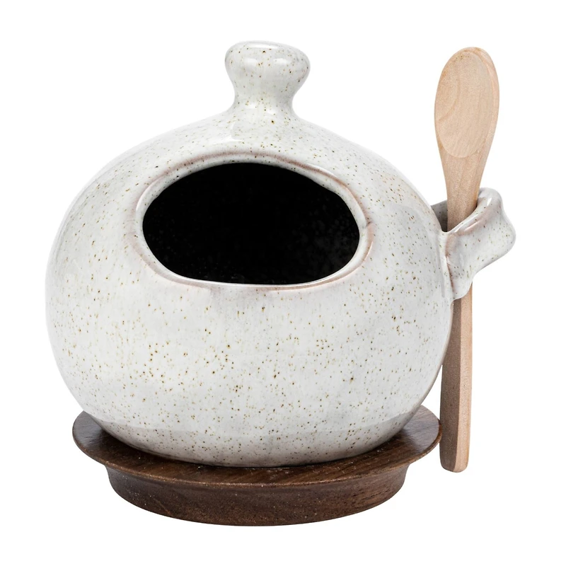 Hello Honey® 5.5" Cream Stoneware Salt Jar with Wood Spoon & Coaster