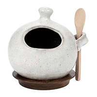 Hello Honey® 5.5" Cream Stoneware Salt Jar with Wood Spoon & Coaster