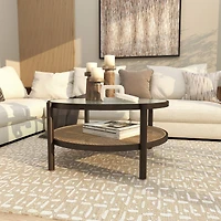 34" Brown Rattan Coffee Table with Pressed Tempered Glass Top