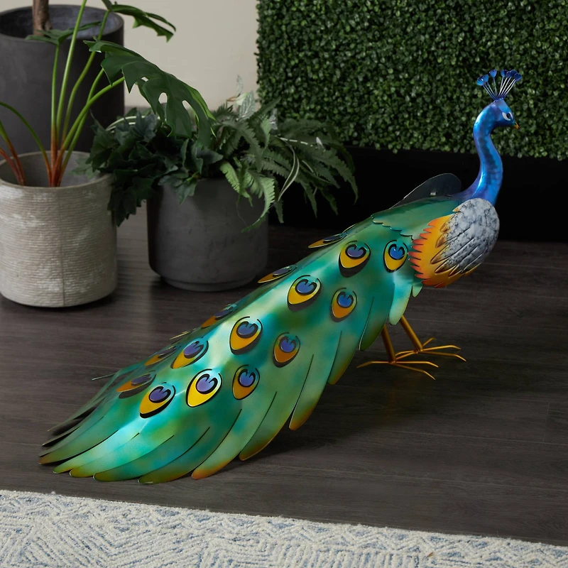 Blue Metal Peacock Decorative Garden Sculpture with Gold Legs and Teal Wings
