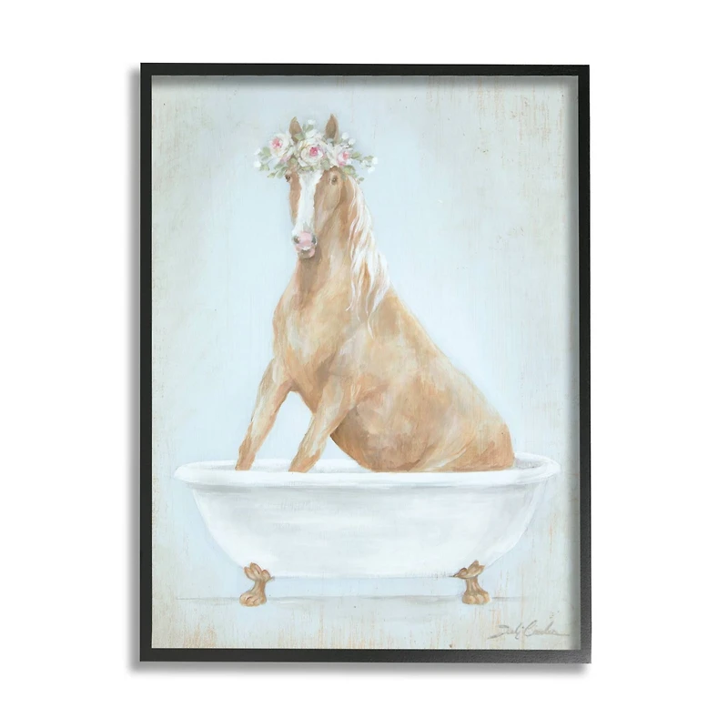 Stupell Industries Country Horse in Farm Bathtub Pink Floral Crown Framed Wall Art