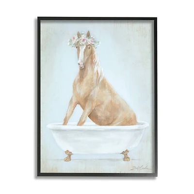 Stupell Industries Country Horse in Farm Bathtub Pink Floral Crown Framed Wall Art