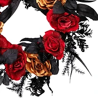 22" Red & Gold Roses with Black Foliage Halloween Wreath