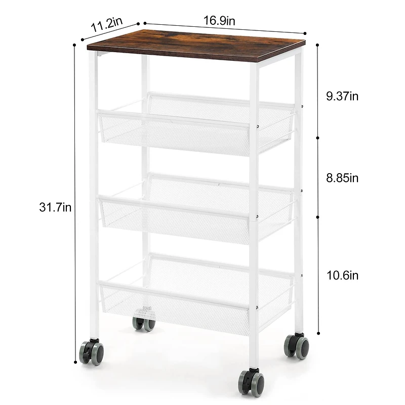 White 3-Tier Kitchen Storage Rack Cart with Lockable Wheels & Wood Top