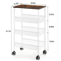 White 3-Tier Kitchen Storage Rack Cart with Lockable Wheels & Wood Top