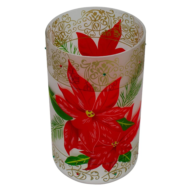 10" Poinsettias & Gold Flameless Glass Christmas Candle Holder