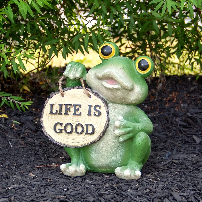 9" Green Life is Good Frog Outdoor Garden Statue