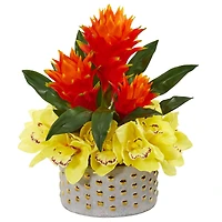 Cymbidium Orchid and Bromeliad Artificial Arrangement