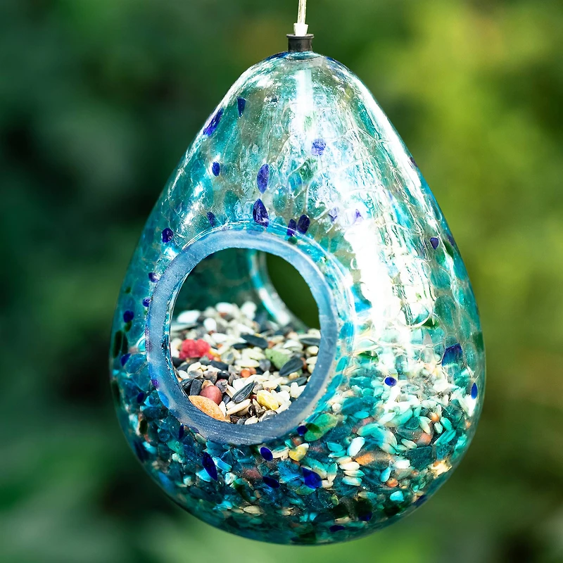Glitzhome® 6.75" Blue Dots Glass Water Drop Hanging Bird Feeder