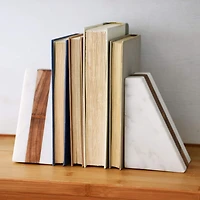 Hello Honey® 6" White Marble Geometric Bookends with Wood Inlay