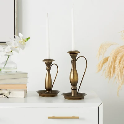 Bronze Metal Antique Style Candle Holder with Candle Plates & Handles Set