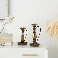 Bronze Metal Antique Style Candle Holder with Candle Plates & Handles Set