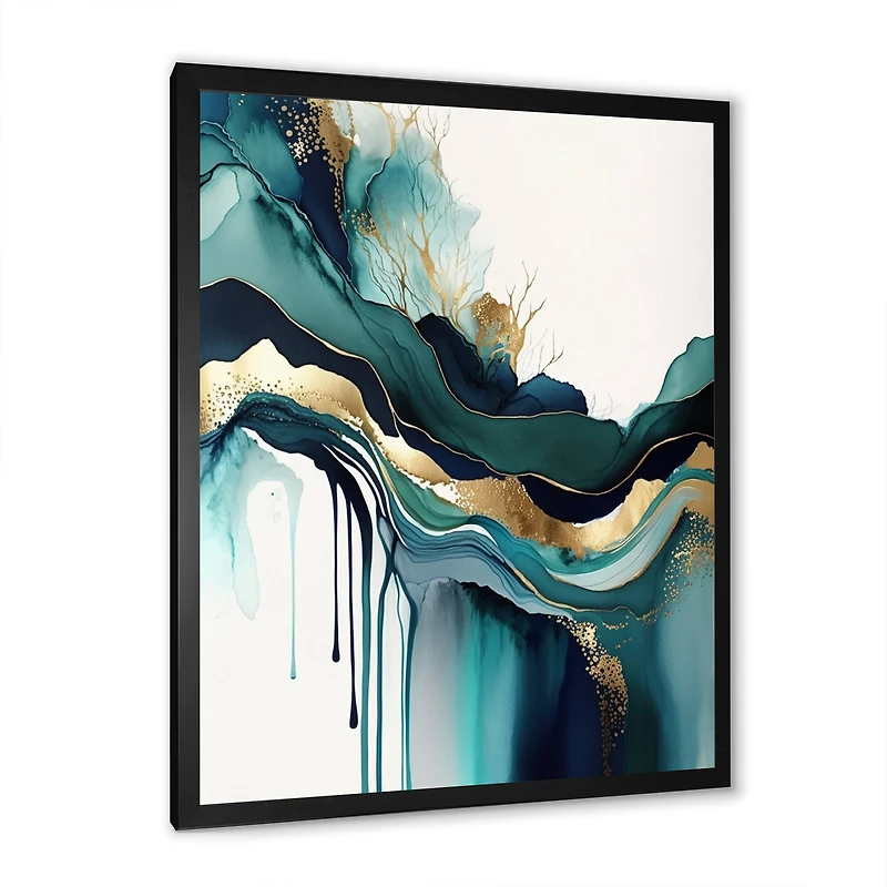 Designart 'Teal And Gold Abstract Expression IV' Modern Framed Canvas Wall Art