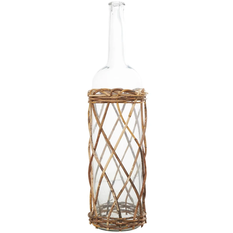27" Clear Glass Handmade Tall Vase with Brown Rattan Woven Lower Body