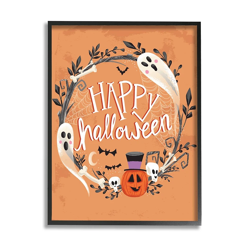 Stupell Industries Happy Haunts Halloween Wreath Framed Giclee Art