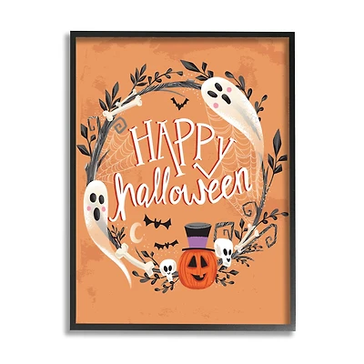 Stupell Industries Happy Haunts Halloween Wreath Framed Giclee Art