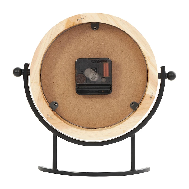 10" Light Brown Wood Clock with Curved Black Metal Stand & Ball Details