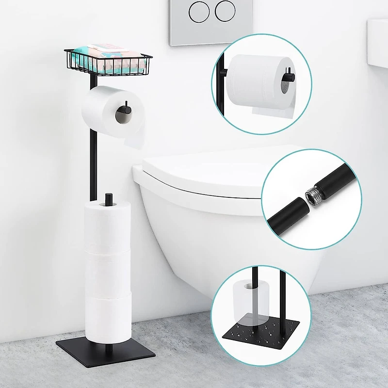 Black Freestanding Toilet Paper Holder Stand with Basket