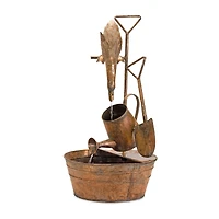 33" Brown Rustic Metal Fountain with Duck & Watering Can